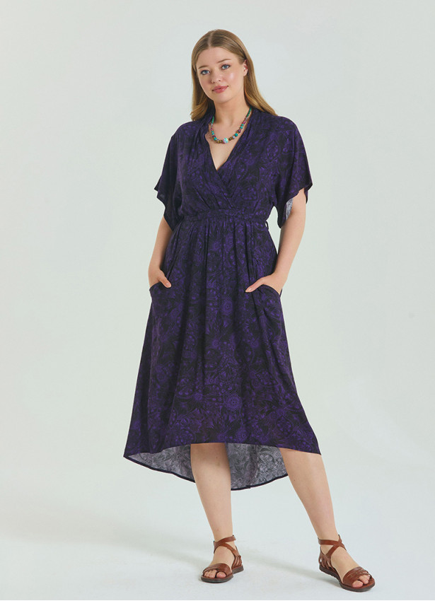 V Neck Pleated Detail Purple Summer Plus Size Dress 4605